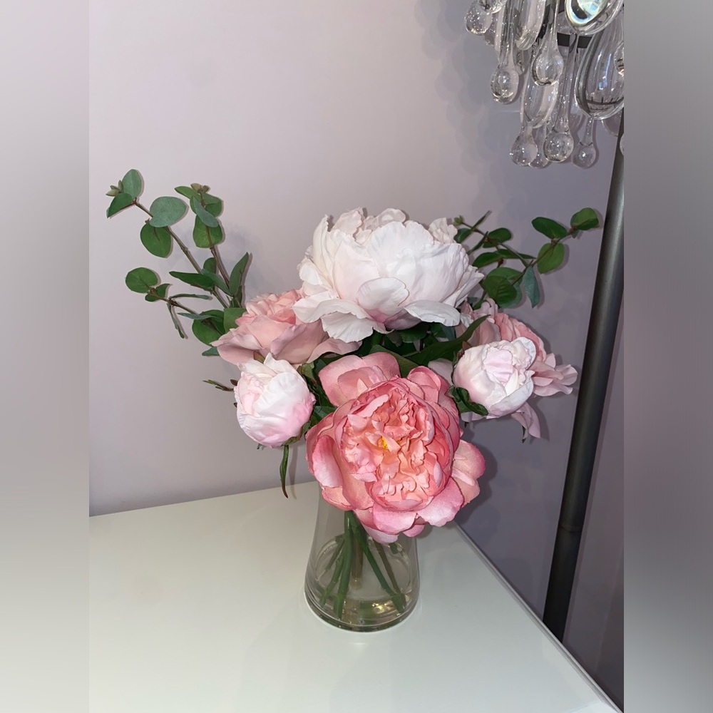NWT Artificial Pink Peony Eucalyptus Stems Floral Arrangement Faux Water Vase